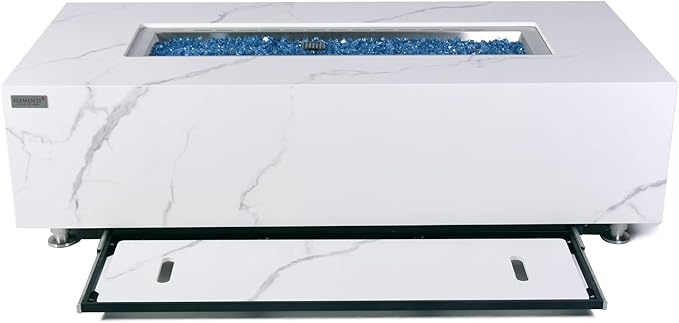 Elementi+ | Carrara Gas Fire Pit | Marble Porcelain & Metal Frame | 60" Rectangular Fire Table | Electronic Ignition | Canvas Cover, Fire Glass & Burner Lid Included | White | Propane Gas
