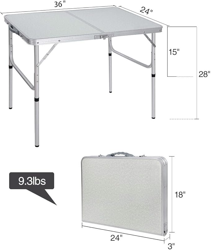 REDCAMP Aluminum Camping Table 3 Foot, Portable Folding Table Adjustable Height Lightweight for Picnic Beach Outdoor Indoor, White 36 x 24 inch