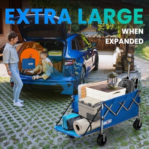 Overmont Collapsible Wagon with Tailgate - 49.2" Extended Heavy Duty Foldable Utility Wagon Folding Cart with All-Terrain Wheels for Outdoor Camping Sports Garden Beach Grocery - 300lbs Support