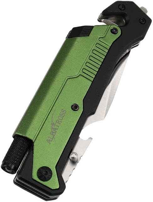 ALBATROSS Best 6-in-1 Survival Tactical Military Folding Pocket Knives with LED Light,Seatbelt Cutter,Glass Breaker,Magnesium Fire Starter,Bottle Opener;Multi-Function Emergency Tool(Green-SA)
