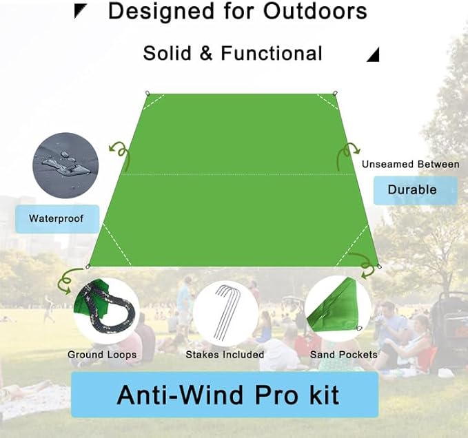 Outdoor Pocket Blanket, 55"x79" Waterproof Foldable Compact Pincic Blanket, Ultralight Tarp for Camping, Festival, Beach, Hiking, Backpacking, Travel and More, Stakes Included