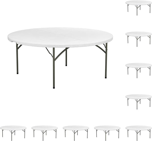 Commercial Round Folding Table - Heavy-Duty White Plastic for Parties, Banquets and Events - Perfect for Indoor/Outdoor Use (72 inches, 10 Units)