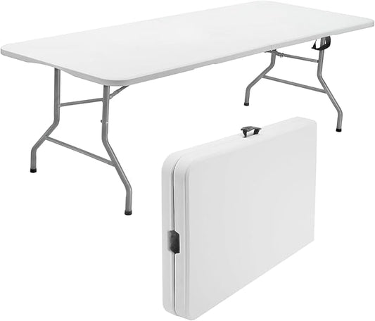 SKOK 330lbs Folding Table 6ft, Plastic Picnic Table Portable with Handle, 6 Foot Folding Table Long with Thicker Tabletop, White Tailgating Utility Commercial Craft Foldable Table for Party & Events