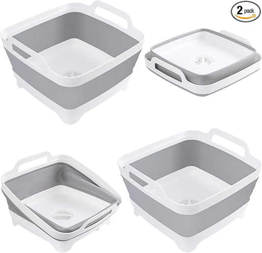 2 Packs Collapsible Dish Basin 2.4Gal Bottle Washing Basin Collapsible Wash Basin for Baby Bottles Portable Camping Sink with Drain Plug Plastic Space-Saving Dish Tub for RV Kitchen Beverage Tub