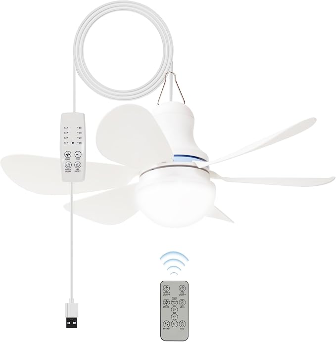 Portable USB Ceiling Fan with LED Light & Remote Control |4 Speeds,3 Light Modes,Timer |16.5 in Mini Size, 6 Detachable Blades|DC 5V Hanging Fan for Tent, RV, Camping,Patio & Home-Easy Install