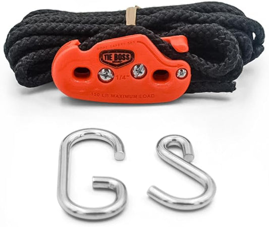 Tie Boss - 1/4 Inch, Medium Duty, (150 lbs Working Load Limit), Weather Resistant, Tie Down, Rope Tightening System, (w/15 ft Rope) (Pack of 1) (Orange)
