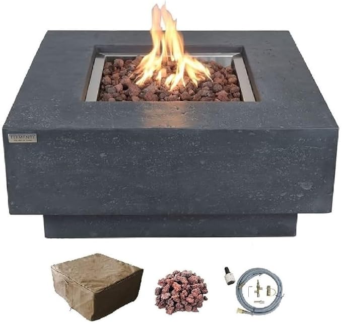 Elementi | Manhattan Gas Fire Pit Cast Concrete 36" Square Fire Table, Outdoor Fire Pit Electronic Ignition | Canvas Cover, Lava Rock Included | Dark Gray (Propane Gas)