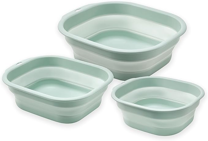 Collapsible Wash Basin Set of 3, Foldable Large Medium Small Wash Basins, Portable Plastic Basins for Laundry, Bottles, Travel, Camping (Green)
