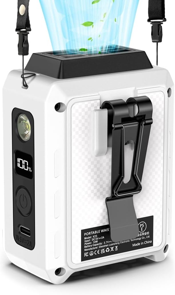 CAZOKASI Personal Waist Clip Fan Rechargeable Wearable Hand Free Wearable Cooler Fan for Traveling Working Outdoor Office (5000mAh / White)