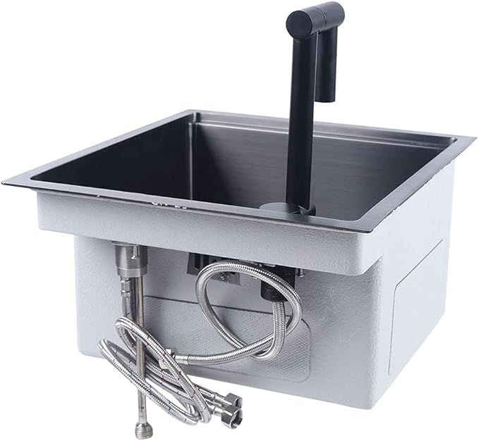 15-inch Hidden RV Kitchen Bar Sink with Folding Faucet, Cover, Drain Pipe and Strainer Full Set, Small Stainless Steel Prep Sink for Workstation, RV, Kitchen and Bar(Black)