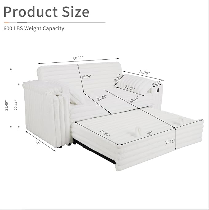 68.11" Corduroy Sleeper Chair Bed with USB Port, Cup Holders & Side Storage Pockets – 3-in-1 Foldable Sofa Bed for Guest Room, Living Room -White