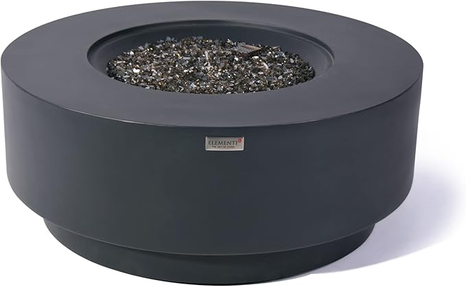 Elementi+ | Nimes Gas Fire Pit Cast Concrete 40" Dia. Round Fire Table, Outdoor Fire Pit Electronic Ignition | Canvas Cover, Fire Glass and Burner Lid Included | Dark Gray | Propane Gas