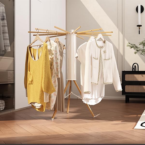 Tripod Drying Rack Portable, Foldable Drying Rack Clothing with 12 Wood Drying Arms, Standing Laundry Hanger Rack Round Collapsible & Portable Handle for Laundry Room, Balcony, Bedroom, RV