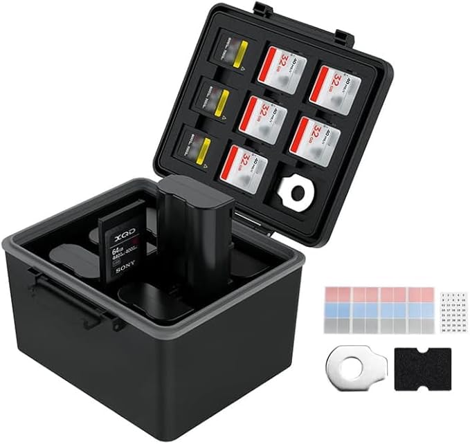LP-E6 EN-EL15C NP-W235 FZ100 Camera Battery and Memory Card Case with Labels,DSLR SLR Battery Organizer Storage for 16 Micro SD 6 SD 3 CF Express Type A and 2 XQD/CF Cards,Water-Resistant & Shockproof