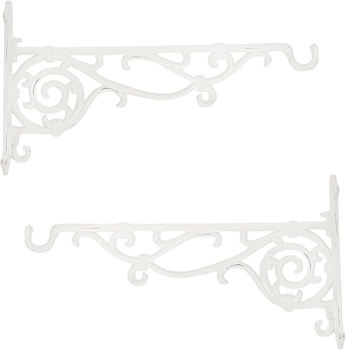 Sungmor Cast Iron Hanging Plant Bracket, 16.5" Large Outdoor Wall Plant Hangers, 2pcs White Heavy Duty Hanging Basket Hooks, Decorative Hooks for Flower Pot, Lantern, Wind Chime, Hummingbird Feeder