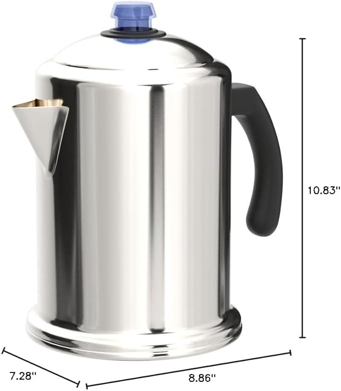 Farberware Classic Stainless Steel Coffee Percolator, 12 Cup, Silver with Glass Blue Knob, 7.28"D x 8.86"W x 10.83"H