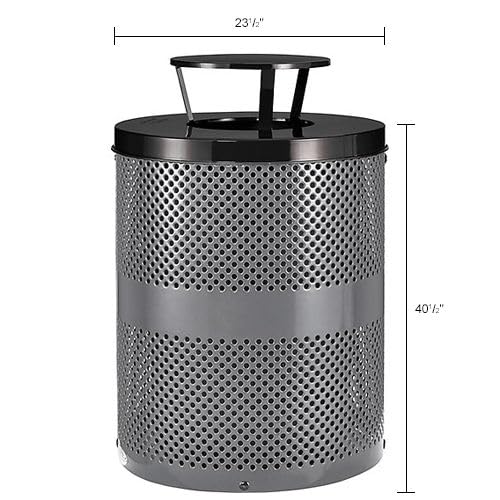 Global Industrial 32 Gallon Outdoor Perforated Steel Round Trash Can with Rain Bonnet Lid, Plastic Liner and Anchor Kit Included, 23-1/2" Diameter x 40-1/2"H, Gray