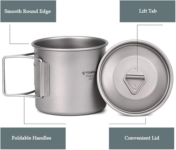 TOMSHOO Titanium Mug 650ml/22 oz Camping Pot with Lid - Foldable Handle Coffee Cup for Hiking, Travelling, Backpacking, Open Fire