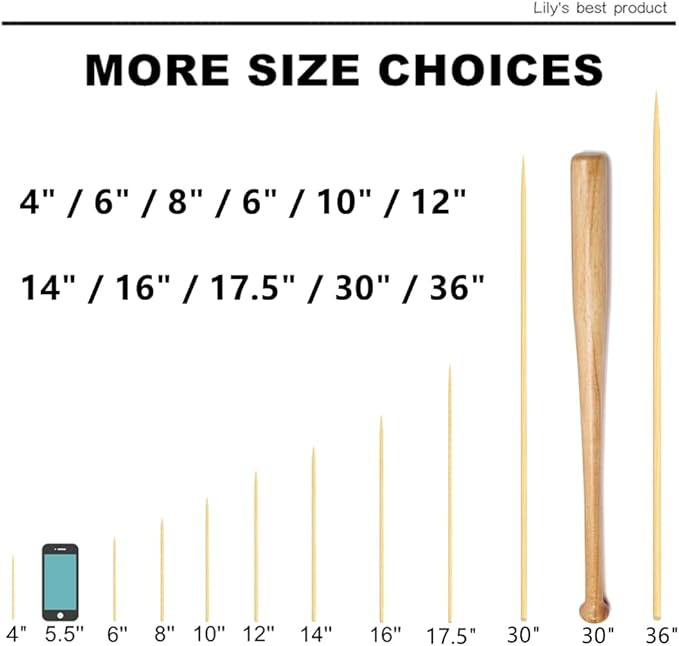 HOPELF 12" Natural Bamboo Skewers for BBQ，Appetiser，Fruit，Cocktail，Kabob，Chocolate Fountain，Grilling，Barbecue，Kitchen，Crafting and Party. Φ=4mm, More Size Choices 6"/8"/10"/14"/16"/30"(100 PCS)