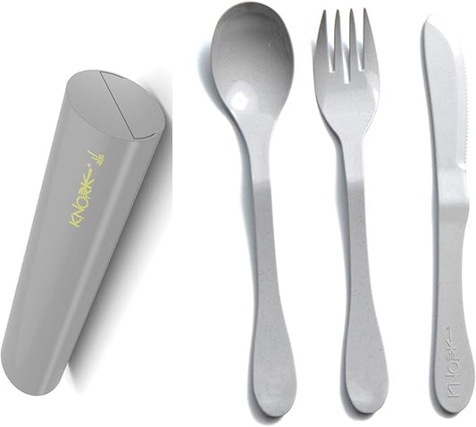 Knork Eco Astrik Plant Based Travel Set, 4 Piece (Eco Fork Knife Spoon With Carry Case, Gray