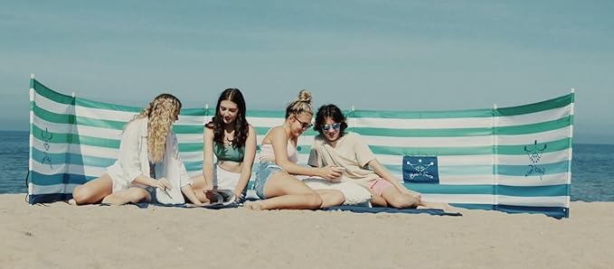 Premium 20 ft Beach Windscreen, Privacy Screen, Wind Blocker - Emerald Blue, Free Rubber Mallet and Carry Bag Included