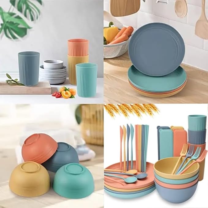 Unbreakable Wheat Straw Dinnerware Set for 4 (32 PCS) – Microwave & Dishwasher Safe – BPA-Free – Lightweight Plates, Bowls & Cups for Camping, Kids & Everyday Use