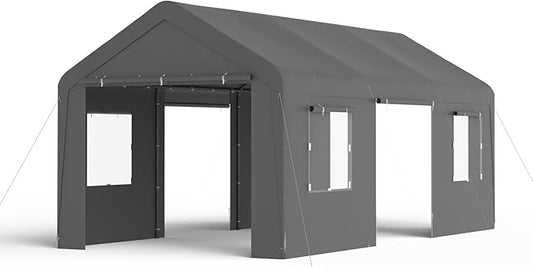 Carport, 13‘ x 20’ Heavy Duty Portable Garage All-Season Car Canopy w/Removable Sidewall & Doors, Carport Canopy Party Tent w/Water-Resistant Tarp for Backyard (Grey, 13‘ x 20')
