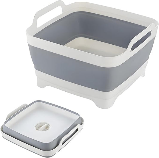 Collapsible Dish Basin with Drain Plug, 9L 2.4 Gallon Portable Wash Basin Dishpan Space Saving Dish Washing Tub Foldable Sink Tub Kitchen Storage Tray Grey