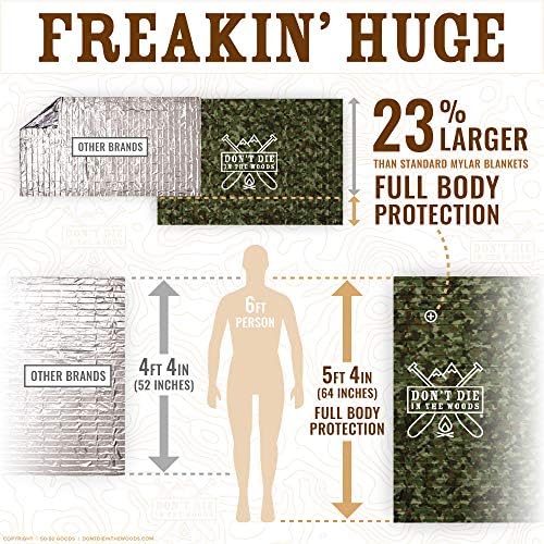 Don't Die In The Woods - Freakin’ Huge Emergency Blankets [4-Pack] Extra-Large Thermal Mylar Space Blankets with Ripstop Nylon Stuff Sacks + Carabiner Zipper Pack [Woodland Camo]