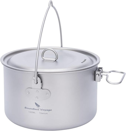 iBasingo 1.3L (1300ml) Titanium Pot with Lid Lightweight Backpacking Cook Pot for Solo Camping, Hiking & Backpackers, Portable Camping Cookware with Measurement Marks Ti2043C