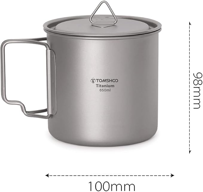 TOMSHOO Titanium Mug 650ml/22 oz Camping Pot with Lid - Foldable Handle Coffee Cup for Hiking, Travelling, Backpacking, Open Fire