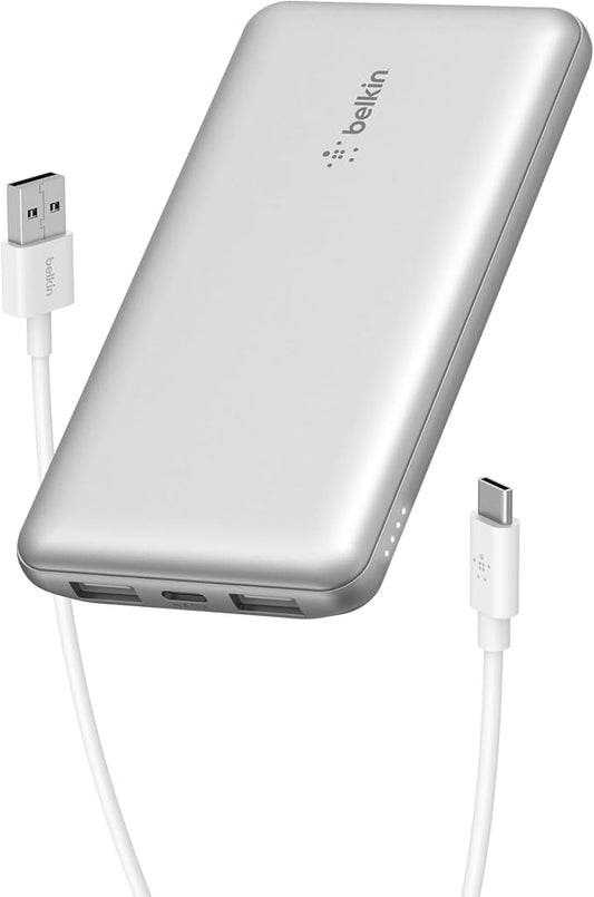 Belkin Portable Charger, USB-C Power Bank 10000 mAh w/ 1xUSB-C Port & 2xUSB-A Ports, 15W w/Type-C to Type-A Cable for iPhone 17, Samsung Galaxy S25, Nintendo Switch 2, Google Pixel 10, etc. - Silver