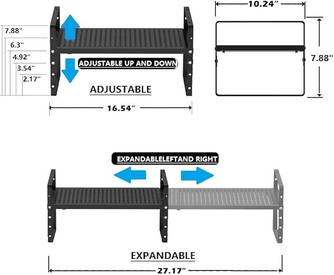 Expandable Spice Rack, Stackable Metal Pantry Storage Shelves Stand, Adjustable Height Cabinet Shelf Organizer Racks(1PACK/Black,Large)