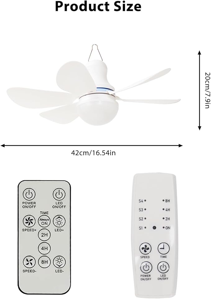 Portable USB Ceiling Fan with LED Light & Remote Control |4 Speeds,3 Light Modes,Timer |16.5 in Mini Size, 6 Detachable Blades|DC 5V Hanging Fan for Tent, RV, Camping,Patio & Home-Easy Install