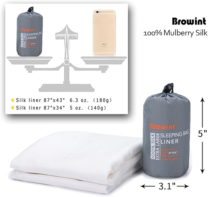 BROWINT Silk Sleeping Bag Liner, Silk Sleep Sack, Extra Wide 87"x43", Lightweight Travel Sheet for Hotels, More Colors for Option, Reinforced Gussets