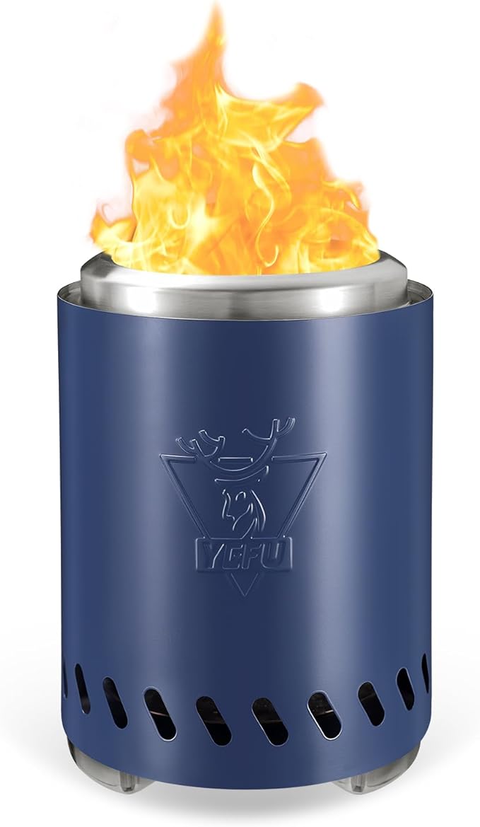 YEFU Tabletop Fire Pit 9.7 x 7.1 in, Low Smoke Camping Stove for Outdoor & Patio, Fueled by Pellets or Wood, Safe Burning Table Top Firepit, with Travel Bag & 2 Mini Sticks & Fireproof Mat, Blue
