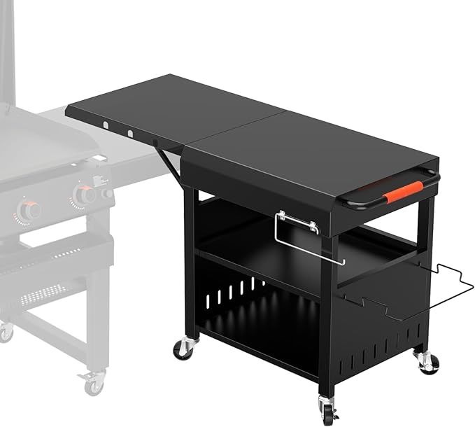 Outdoor Grill Table Cart for Blackstone 28"/36" Omnivore Griddle, 50" x 22“ Large Prep Station Grill Stand with Foldable Side Table for Blackstone 17”/22” Griddle, Ninja Woodfire, Ooni Pizza Oven