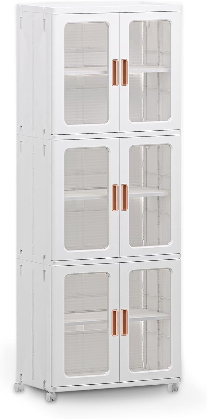 Storage Bins with Lids and Doors Storage Cabinet with Wheels Plastic Stackable Pantry Cabinet Cupboard Closet Foldable Kitchen Collapsible Storage Bins for Book Snack and Bathroom Organizer