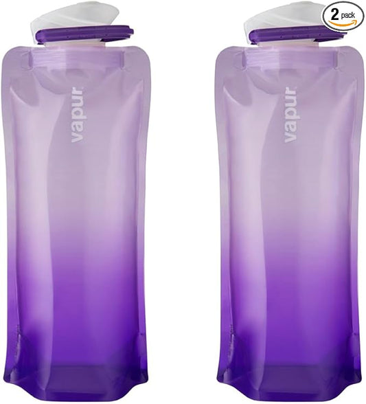 Vapur Collapsible Water Bottle With Carabiner, Compact Bottle Folds Flat For Hydration On The Go, Ideal for Traveling, Hiking or Camping, 23 Ounce, Lavender, Pack of 2