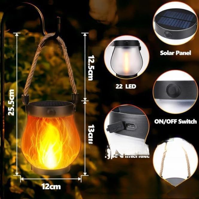 Solar Lantern Outdoor lamp - Waterproof Type Solar Flame lamp Can be Hung and Features Dancing Flames. Hemp Rope Suspended Flame Lantern, Dual Charging Mode, Smoke-Free (1PC)