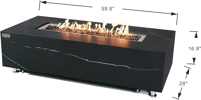 Elementi+ | Bundle Varna Gas Fire Pit | Marble Porcelain & Metal Frame | 60" Rectangular Fire Table | Electronic Ignition | Canvas Cover, Fire Glass & Burner Lid Included | Black | Propane Gas