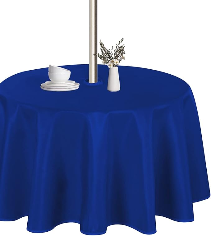LUSHVIDA Round Outdoor Tablecloth with Umbrella Hole and Zipper, 60 Inch Blue, Washable Waterproof Table Cloth Spill Proof Wrinkle Free Table Cover for Patio Spring Summer Picnic BBQS