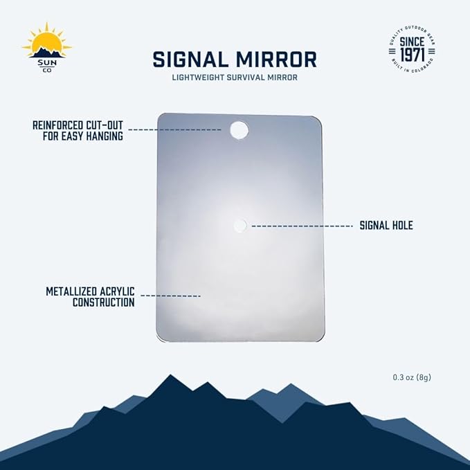 Sun Company Featherweight Signal Mirror | Lightweight and Compact Emergency Survival Mirror | for Camping, Hiking, Backpacking, and Scuba Diving