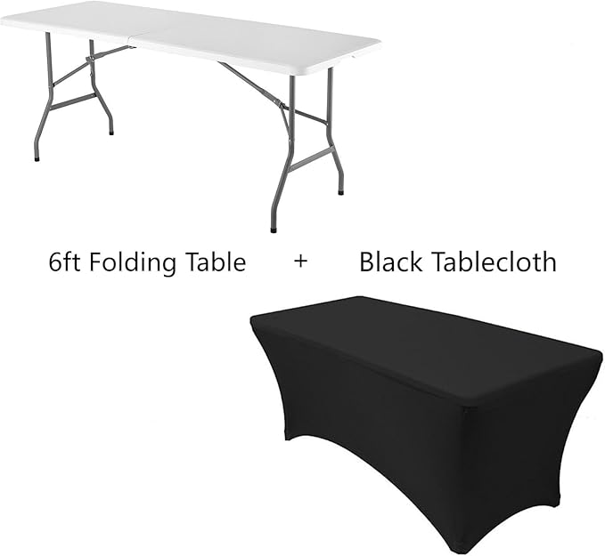 FWTI Deal 6 Feet Foldable Table & Tablecloth Set, Built in Carrying Handle & Alloy Steel Legs, Heavy Duty Portable for Party, Dining, Wedding, Picnic, Camping, Utility, White (Table&Tablecloth)