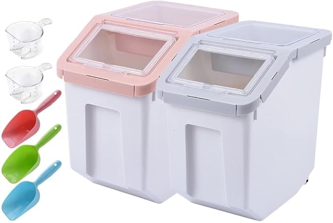 RUIAN Pet Food Storage Container, 22lb Grain Storage Barrels Sealed Bucket on Wheels Dog Cat Dry Food Bin Rice Flour Boxes with Scoop and Measuring Cup, Gray & Pink 2Pcs