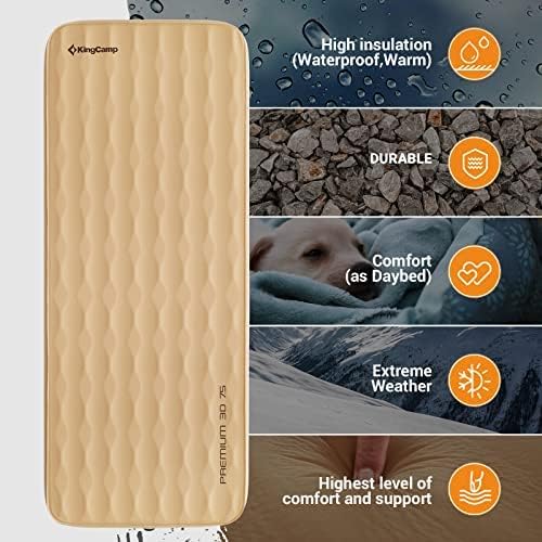 KingCamp Self Inflating Sleeping Pad, R 7.9 Air & Foam Sleeping Pad for Camping, 3" Thick Single Camping Mattress with 3D Sidewalls & Wave Surface Cut for Outdoor Tent Cot Car, PVC Free (Khaki)