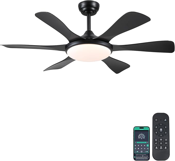Ceiling Fans with Lights-47 Low Profile Ceiling Fan with Light and Remote/APP Control,Flush Mount,DC Reversible,LED Dimmable Black Ceiling Fans for Bedroom,Indoor/Outdoor Patio Use