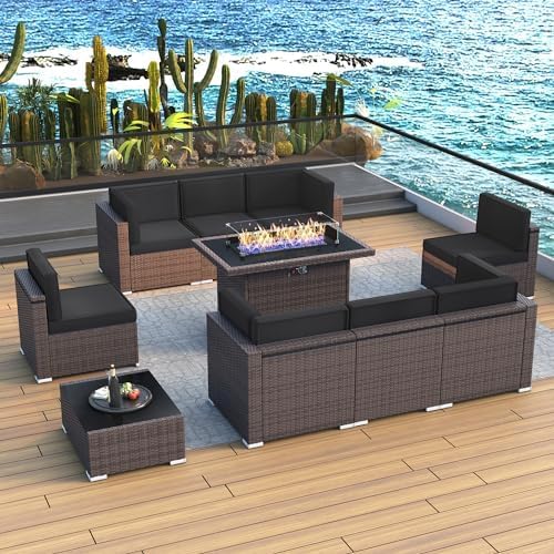 LayinSun 10 Pieces Outdoor Patio Furniture Set with 44" Fire Pit Table Brown Rattan Sectional Sofa Conversation Sets