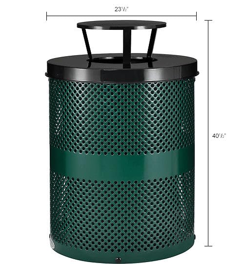 Global Industrial 32 Gallon Outdoor Perforated Steel Round Trash Can with Rain Bonnet Lid, Plastic Liner and Anchor Kit Included, 23-1/2" Diameter x 40-1/2"H, Green