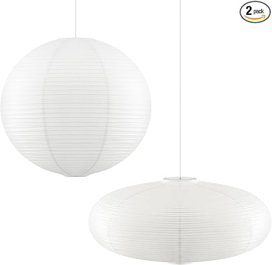 2 Pcs Chinese Paper Lanterns 20 Inch White Lampshade, Large Round and Oblate Pendant Lamp Shade, Rice Paper Lampshade Ceiling Foldable light shade for Interior Home Decoration